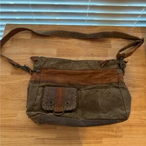 Myra Khaki Canvas with Leather Crossbody Bag. Adjustable strap